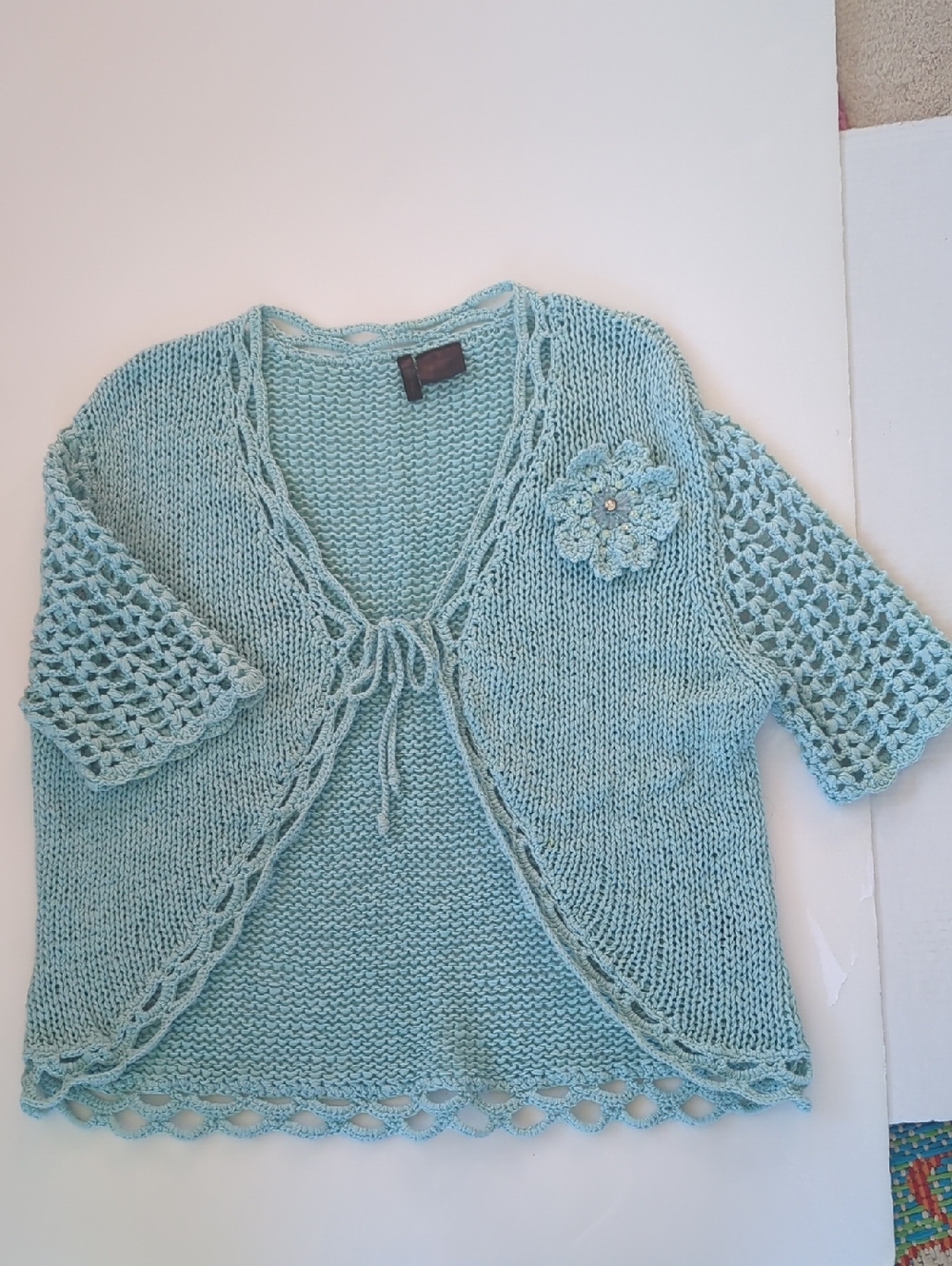 Light Turquoise Crochet-Trim Knit Women's Short Sleeve Tie Sweater